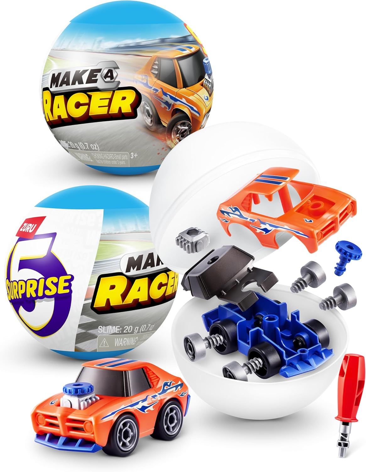 5 Surprise Make-A-Racer Race Car Vehicle Themed Novelty Unboxing Toy Collectible Mini's by ZURU (2 Capsules)