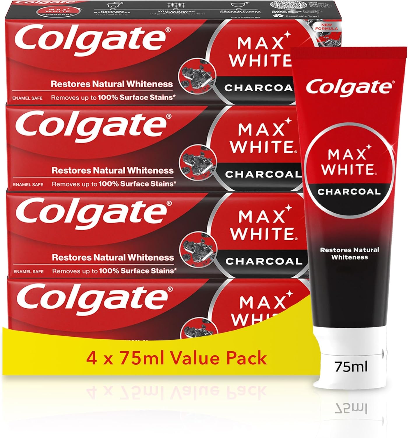 COLGATE Max White Charcoal Toothpaste 4x75ml| Teeth whitening Toothpaste | clinically Proven Formula | removes up to 100% of Surface Stains | Activated Charcoal and Mineral Micro-Particles