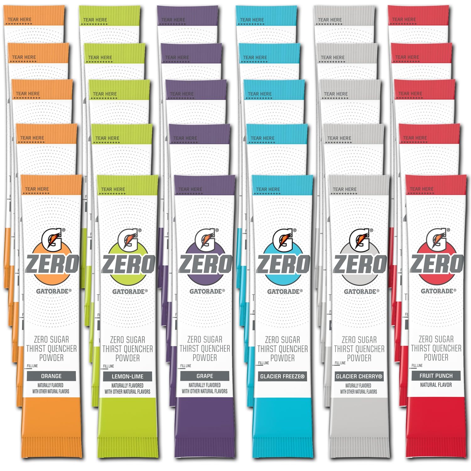 G Zero Powder - Electrolytes Powder Packets Variety - 30 Pack - 6 Flavor - Glacier Freeze, Orange, Grape, Fruit Punch, Lemon Lime & Glacier Cherry - GARIZZE Assortment
