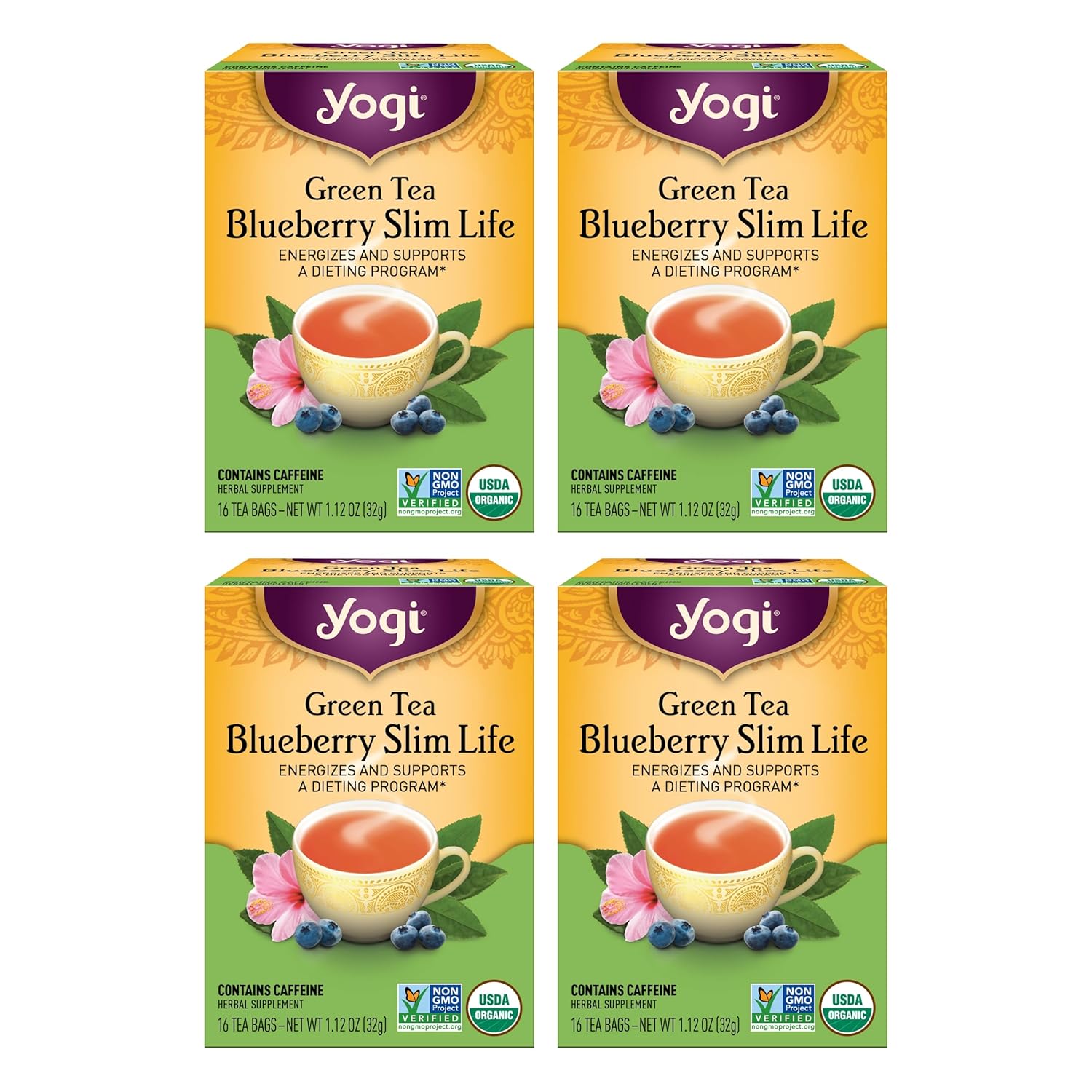 Yogi Tea - Green Tea Blueberry Slim Life (4 Pack) - Energizes and Supports a Dieting Program with Garcinia Cambogia - Contains Caffeine - 64 Organic Tea Bags