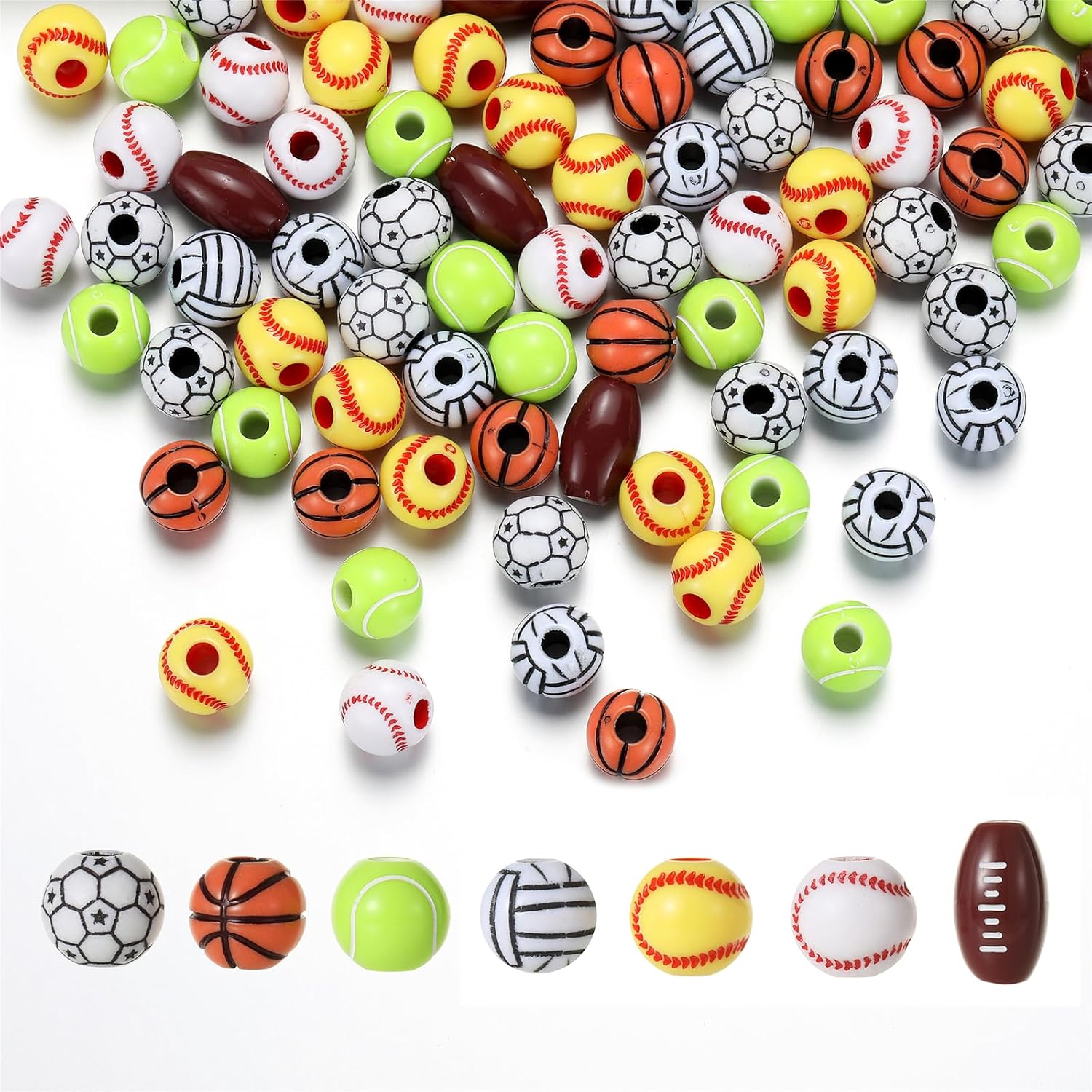 100PCS Acrylic Sports Beads, Sports Ball Beads with Baseball, Basketball, Football, Volleyball, Tennis, Rugby Beads for DIY Craft Decoration Bracelets Necklace