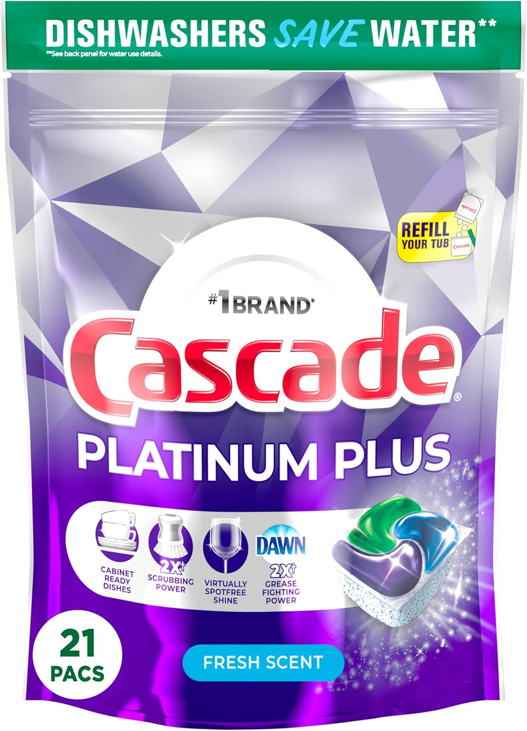 Cascade Platinum Plus Dishwasher Pods, Dishwasher Detergent, Dishwasher Soap, Dish Tabs, Dishwashing Tablets, Dish Detergent, Fresh, Actionpacs, 21 Count