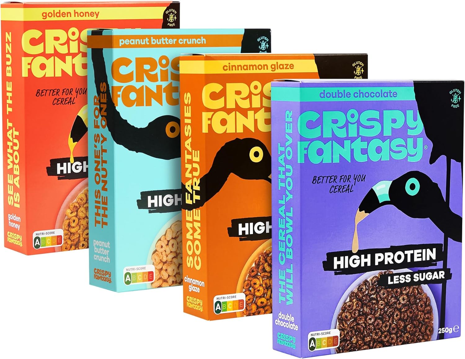 Crispy Fantasy Protein Cereal, Variety Pack, Gluten Free, Vegan, Low Sugar, Protein Snacks, High Fibre, Plant Based, Just Add Milk, Healthy Breakfast for Kids & Adults, 8g Protein Per Serving, 4 Boxes