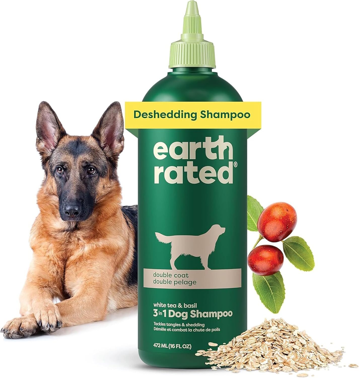 Earth Rated 3-in-1 Deshedding Dog Shampoo and Conditioner, Deodorizing Oatmeal Shampoos for Dogs and Puppies, Great for Smelly Pets, White Tea and Basil Scent, 473 ml