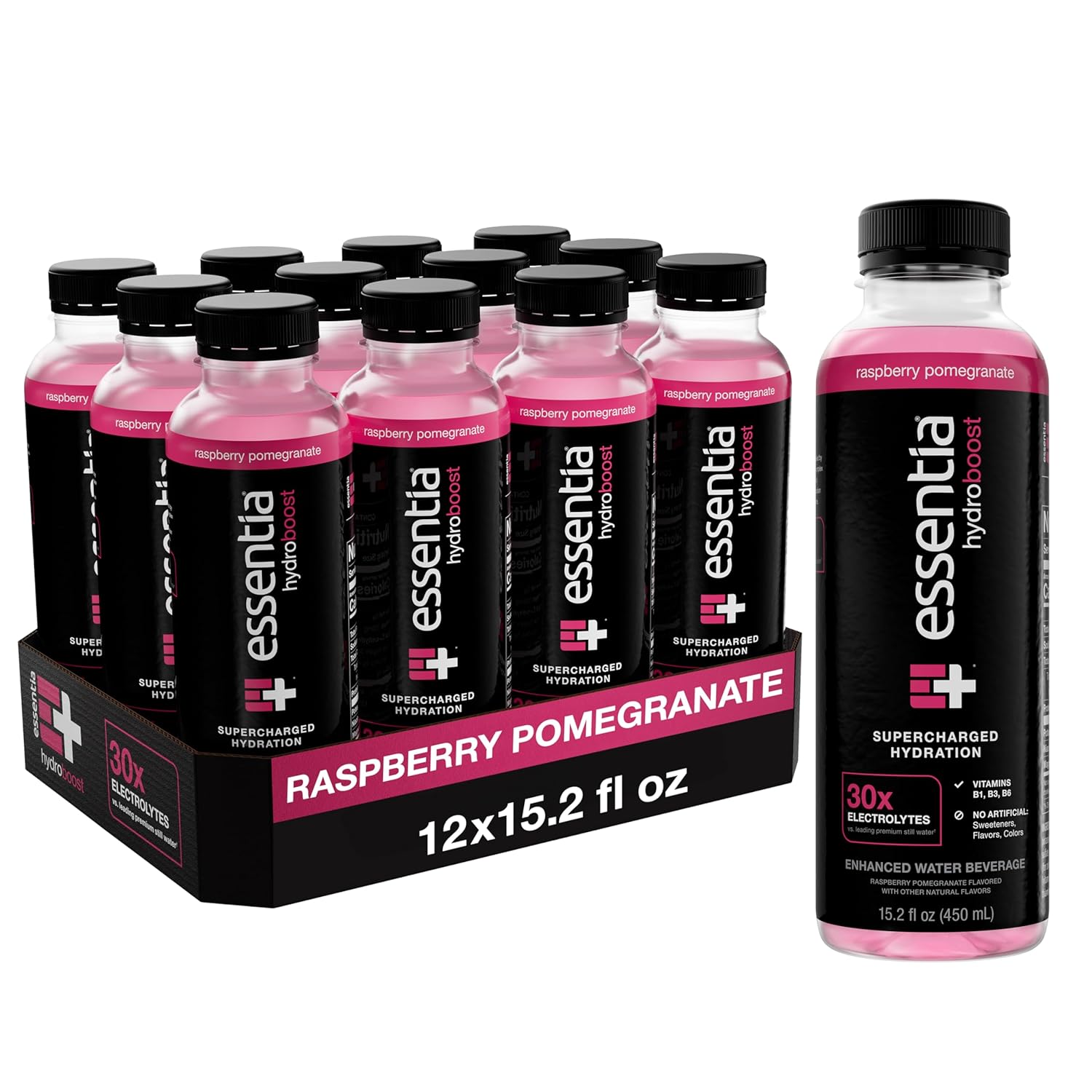 NEW Essentia Hydroboost Enhanced Bottled Water, 15.2 fl. oz. (450 mL), 12 Pack, Raspberry Pomegranate, Hydrolyte Blend with B-Complex Vitamins and Electrolytes, Clean Taste & Supercharged Hydration