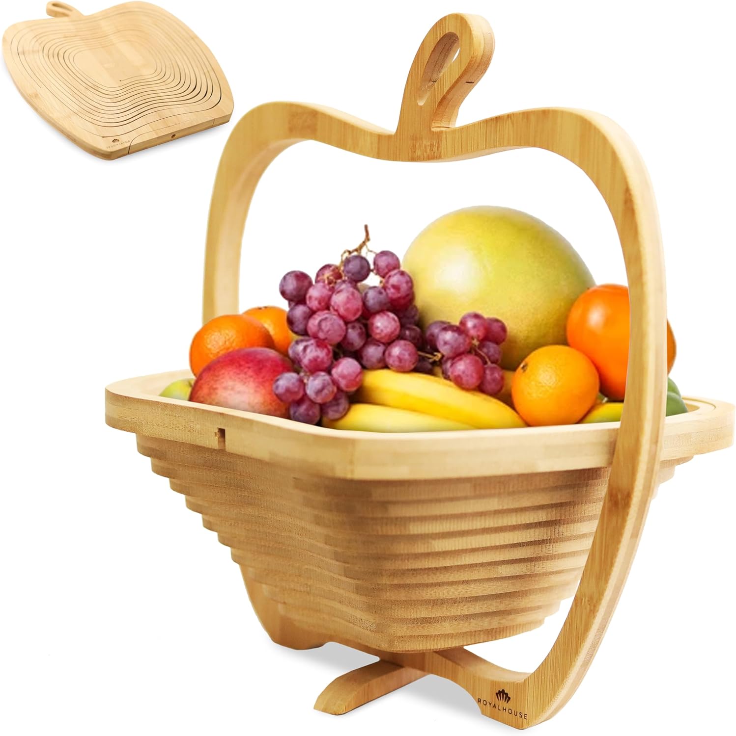 RoyalHouse Bamboo Foldable Fruit Bowl Apple Shape,12“x10.5"- Collapsible, Fruit & Vegetable Storage For Kitchen Countertop, Bamboo Fruit Basket, Tabletop Fruit Serving Bowl