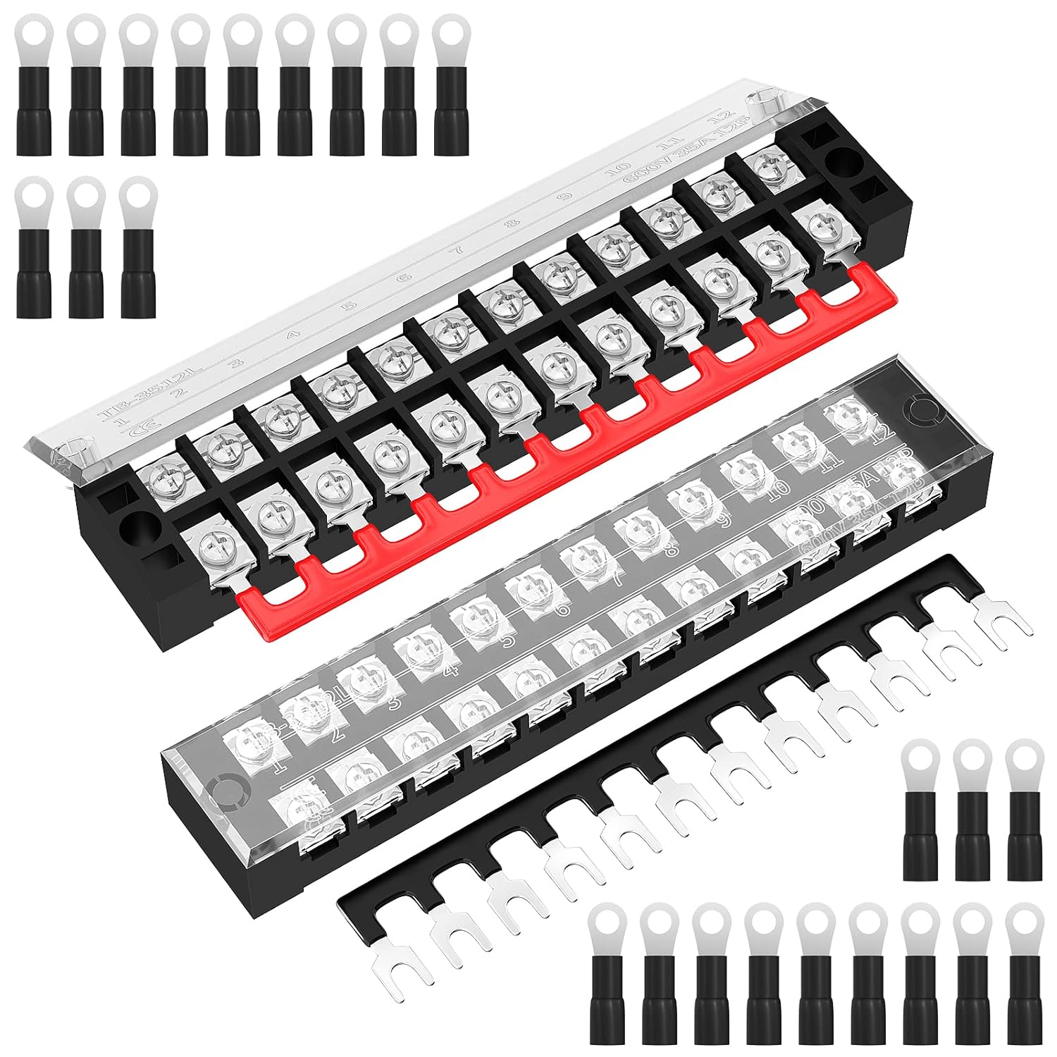 Joinfworld 35A Terminal Block 12 Position Screw Terminal Strip Dual Row with Cover and 12 Position Pre-Insulated Terminal Jumper Block - 2pcs