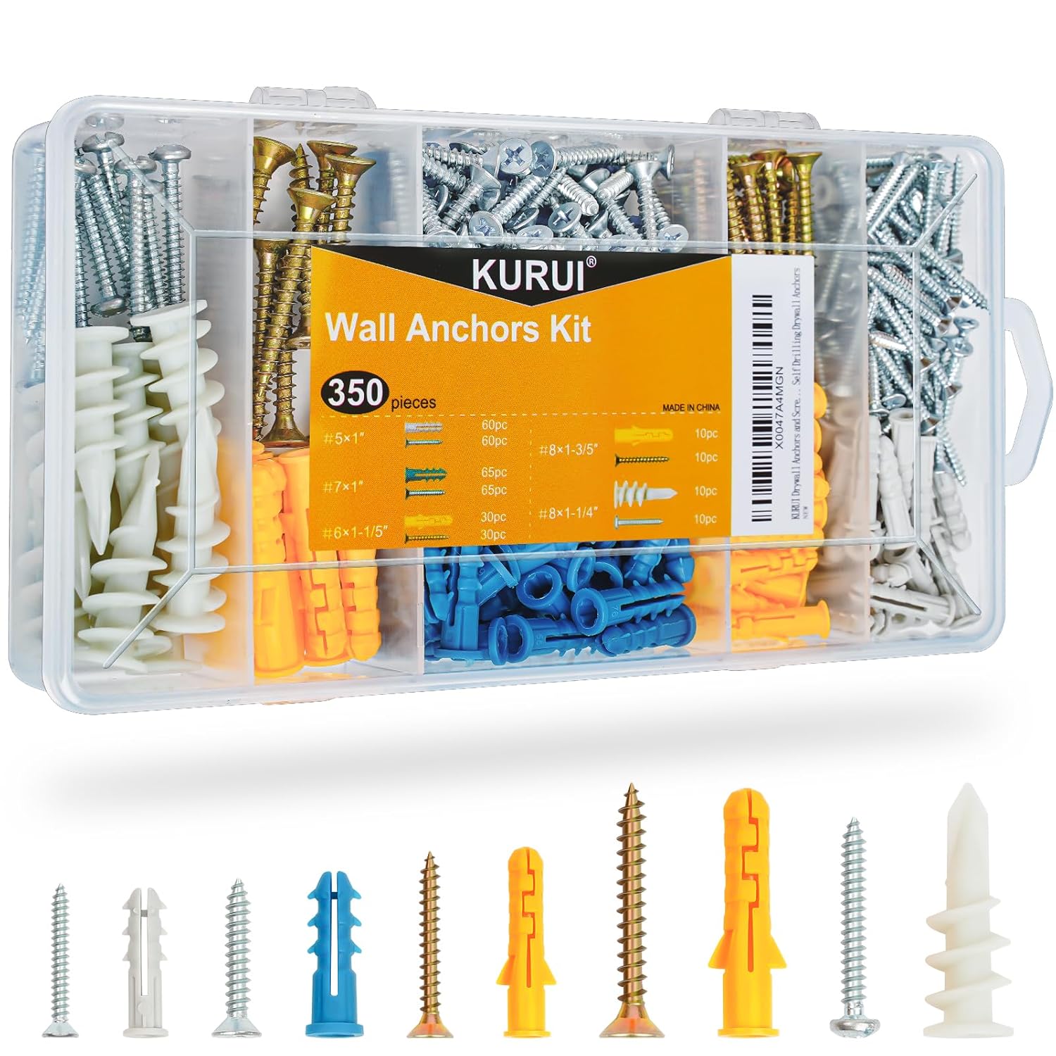 KURUI Drywall Anchors Assortment Kit for Sheetrock Concrete Brick, 350Pcs Wall Anchors with Self Drilling Anchos and Flat Head Screws, 5 Sizes Picture Hanging Anchors, House Warming Gifts New Home