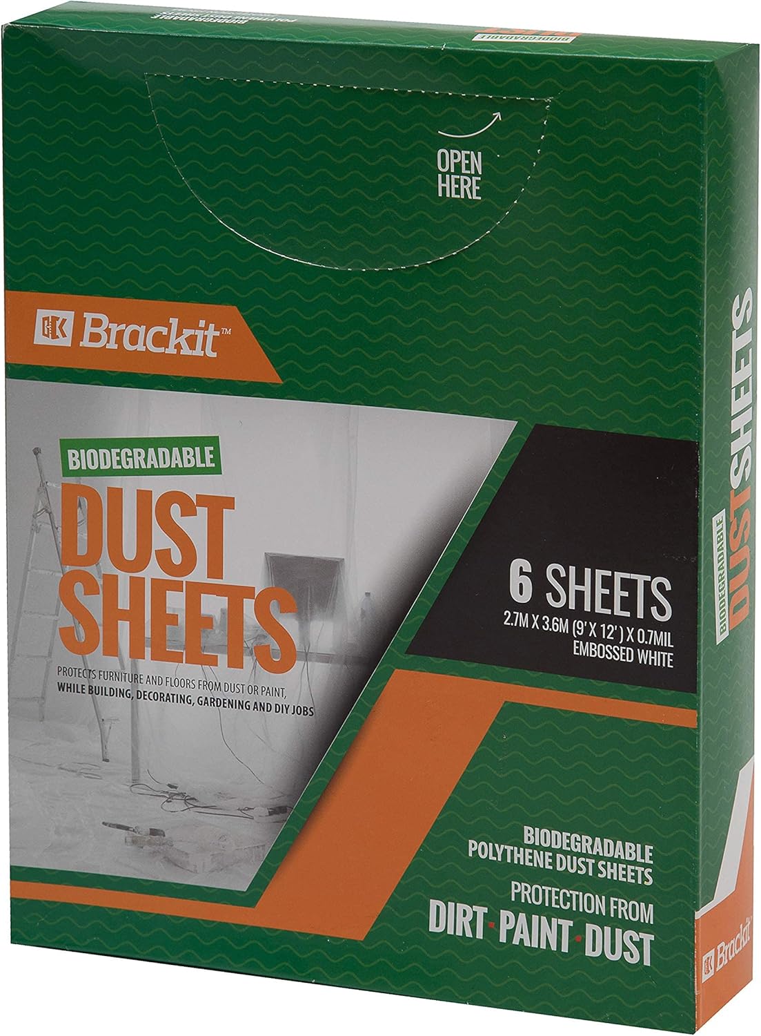 Brackit 6-Pack Biodegradable Large Plastic Dust Sheets for Decorating - 2.7m x 3.6m (12ftx 9ft) - 20 Micron - Embossed White Sheets for Painting - Waterproof Plastic Sheets for Painting & Covering