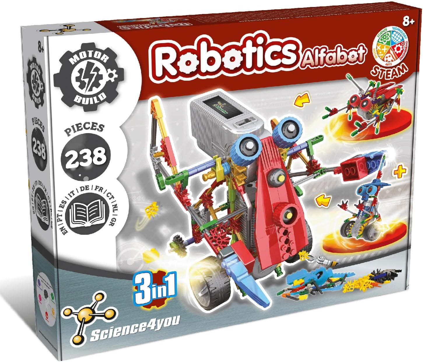 Science4you Robotics Alfabot - Robot Building Kit for Kids, 238 pieces - Build Your Own Robots and Make them Move - 3 Different Robots in 1 Toy - STEM Educational Toy for Kids Age 8-14