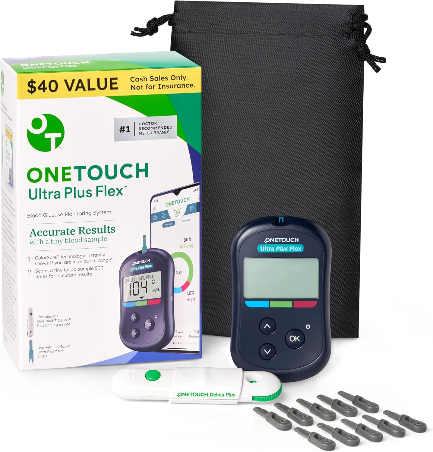 OneTouch Ultra Plus Flex Bonus Pack | 1 Blood Glucose UPF Meter, 1 Delica Plus Lancing Device, 10 Delica Plus 33g Lancets & Carrying Pouch