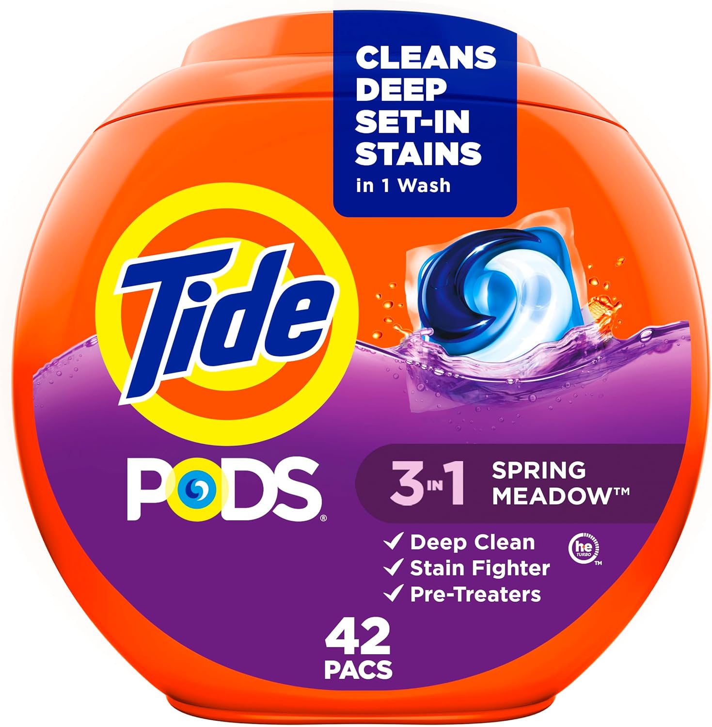 Tide PODS Laundry Detergent Pacs, 3-in-1 Stain Remover, Odor Fighter, Color Protector, 42 Count, HE compatible, Spring Meadow Scent (Packaging May Vary)