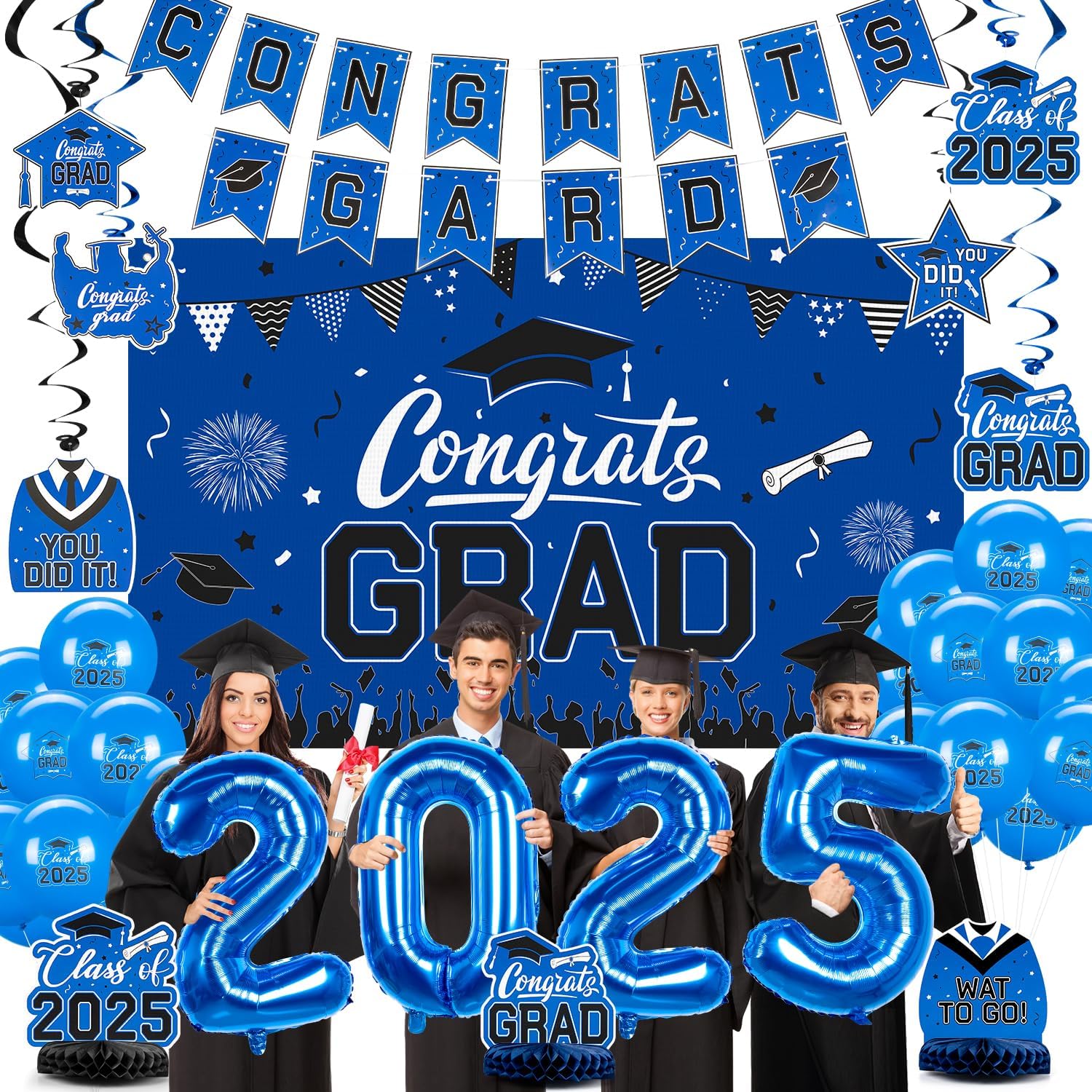 Graduation Decorations 2025 Blue Themed, Graduation Party Decorations Class of 2025 Supplies for High School & College Celebrations, Congrats Grad Banner with Backdrop,Balloons and Honeycomb - Blue