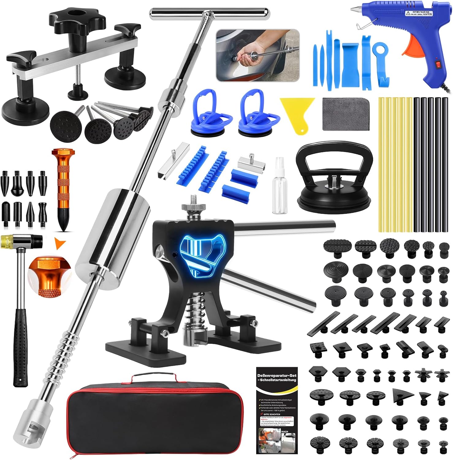 Dent Puller Kit for Car, Paintless Dent Removal Kit with Lightweight Dent Lifter, 2-in-1 T-bar Puller, Rubber Hammer Kit & Versatile Suction Cups for Auto Body Dent Repair Hail Damge or Door Dings
