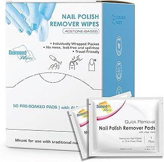 Diamond Wipes Nail Polish Remover Wipes with Aloe Vera, Acetone Nail Polish Remover Pads, 50 Individually Wrapped Nail Polish Wipes