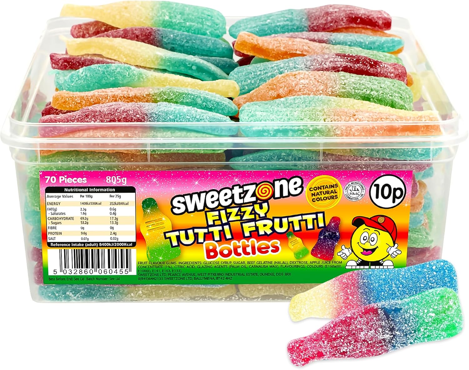 Sweetzone Fizzy Tutti Fruiti Gummy Bottles 805g - 70pcs Tub of Sweets of Nostalgic Jelly Sweets Snack - Irresistible Fruity Sweets and Gummy Sweets - Delightful Halal Sweets Treats for Everyone