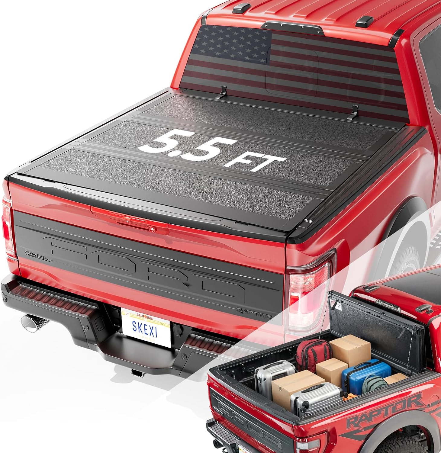 SKEXI Low Profile Truck Bed Tonneau Cover for Ford F150 5.5 ft (67.1") 2015-2026, Fully Folded Vertical Clearance Hard Flip Fold Locking Drill-Free Install Waterproof Fiberglass Anti-Theft Security