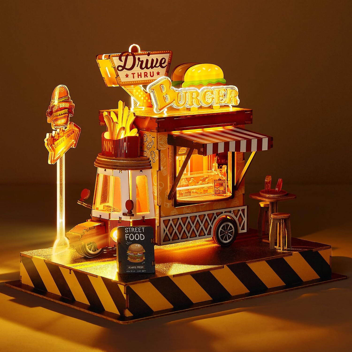 FUNPOLA 3D Wood Puzzle Burger Truck Model - DIY Miniature Food Truck Dollhouse Vehicle Craft Kit with LED Lights - Perfect Creative Gift for Kids and Adults (Burger)