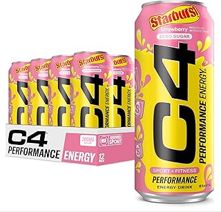 Cellucor C4 Performance Energy Drink | STARBURST Strawberry | Zero Sugar Carbonated Preworkout Energy | 200mg Caffeine with Beta Alanine | 16 Fl Oz (12 Pack)