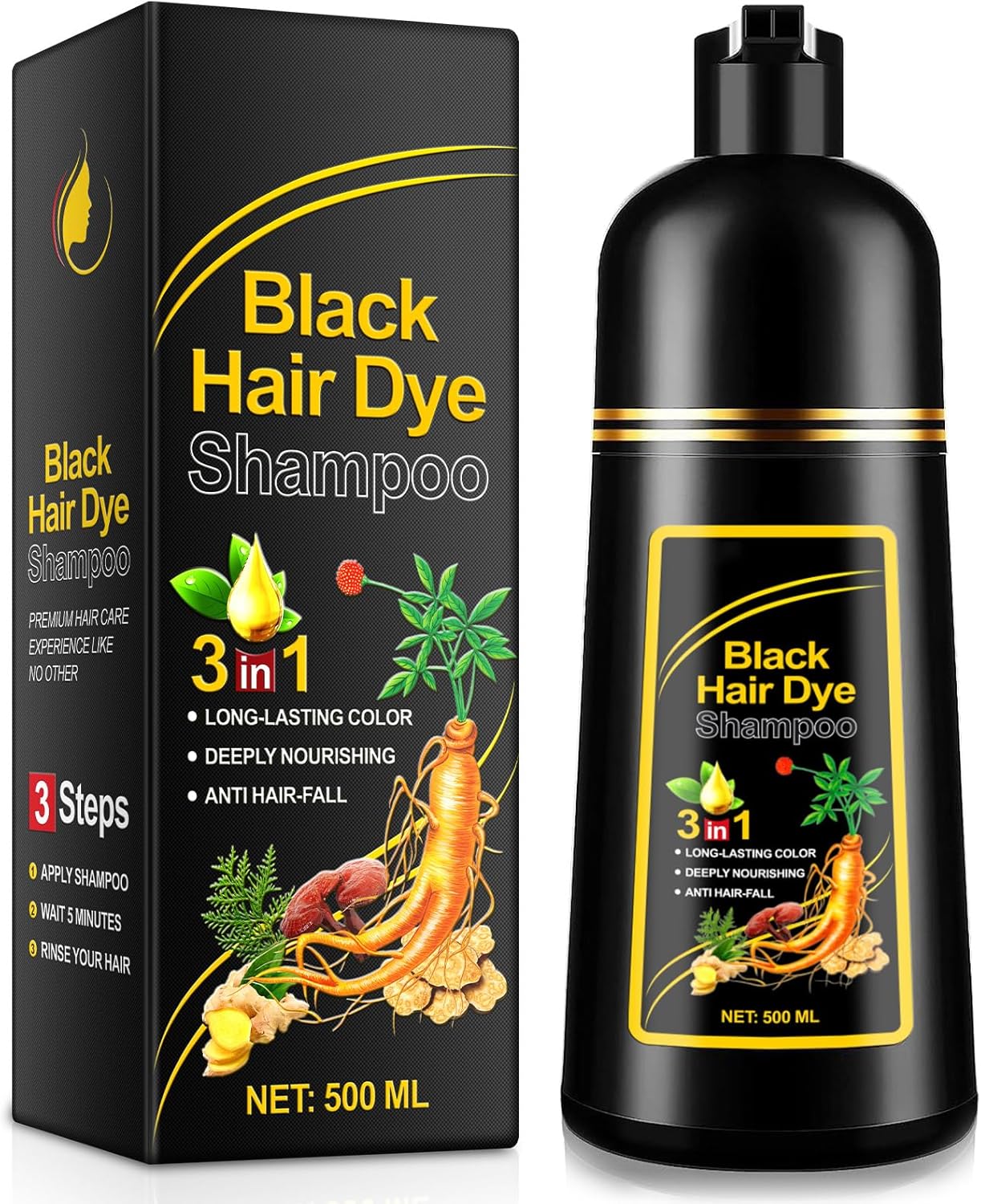 hair Dye Shampoo Black for Men and Women, 3 IN 1 Color Shampoo for Gray and Color Treated Hair, Instant Coverage and Beard Care, Herbal Ingredients 500ML