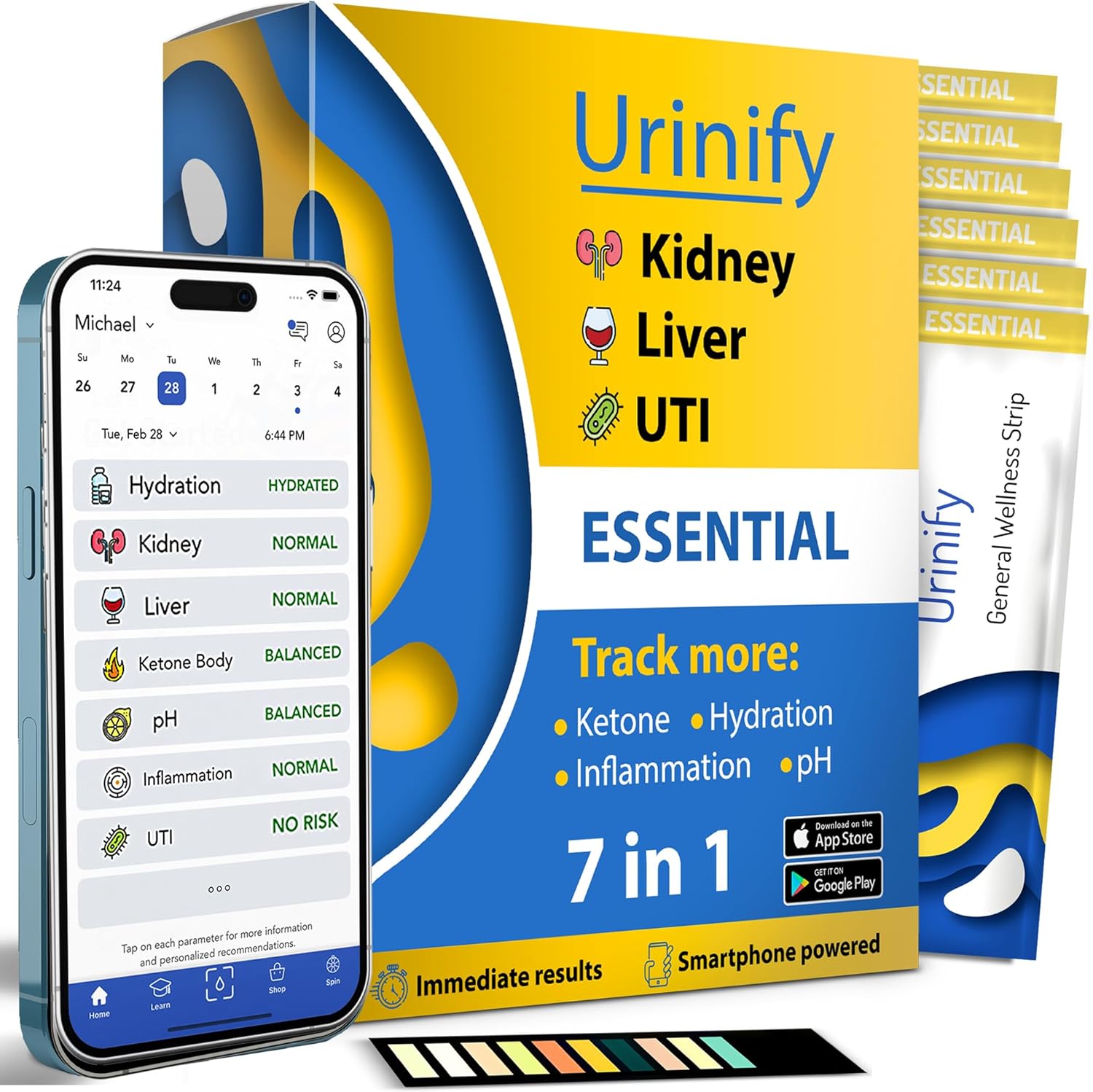 Mobile App Urine Test Strips -Trusted at Home Kidney and Liver Test Kit, Urinary Protein, UTI Test, Hydration, Ketone Body, pH, Urinalysis- Essential Kit (6 Strips)