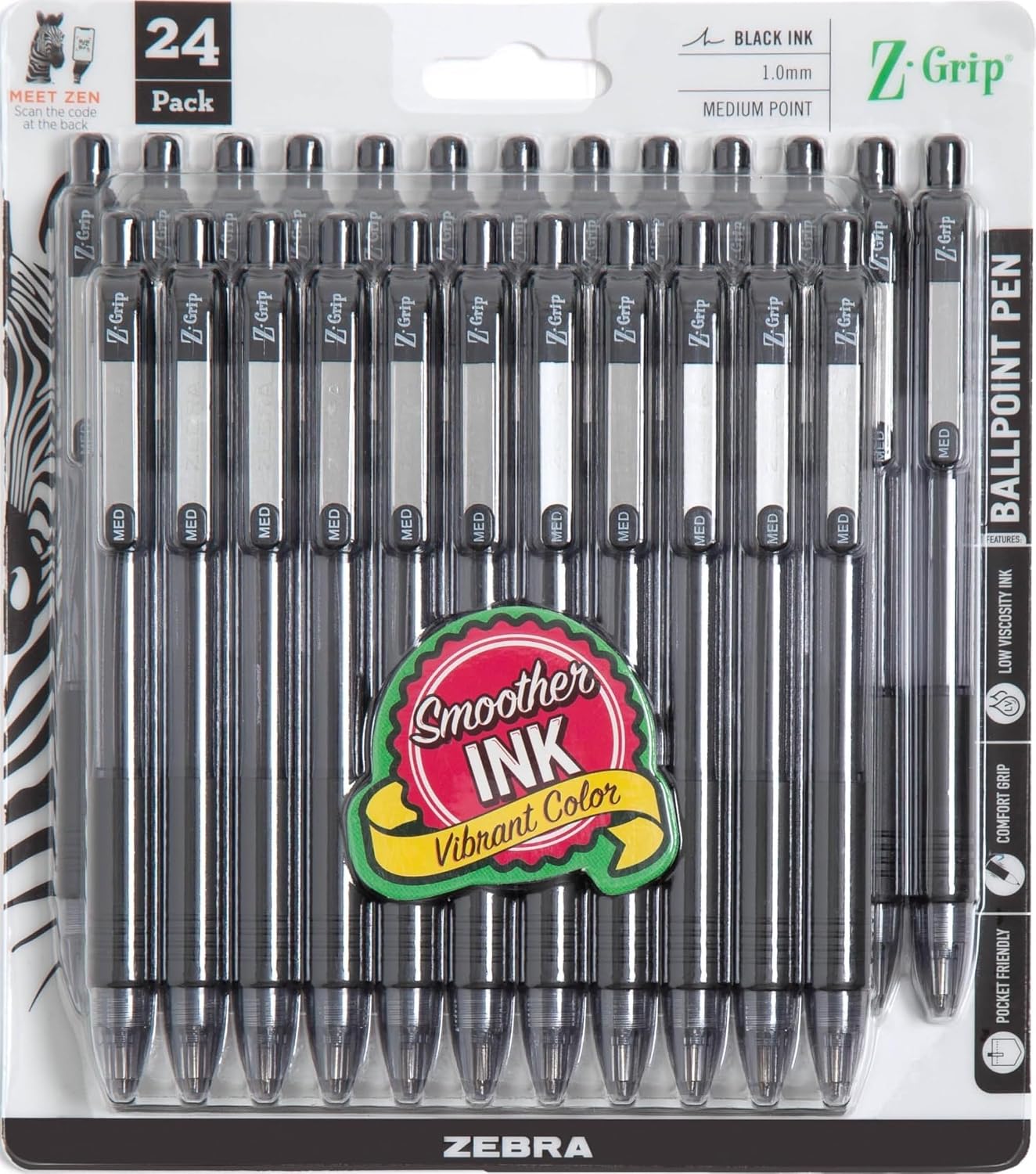Zebra Pen Z-Grip Retractable Ballpoint Pen, Black Ink, 1.0mm, 24 Bulk-Pack | Smooth Writing, Medium Point Tip, Ideal for Planners, Note-Taking, School and Office Supplies, and Everyday Writing (12221)
