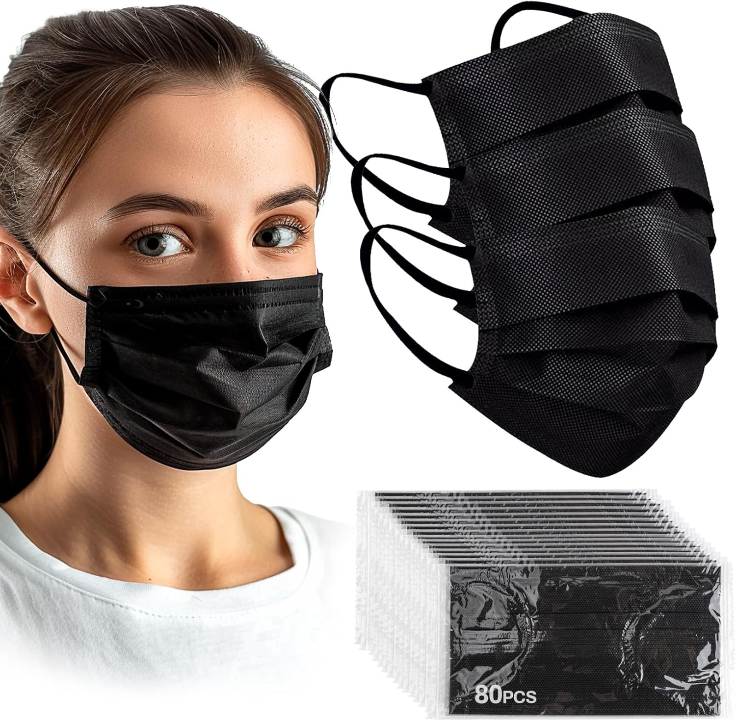 Black Disposable Face Masks - Individually Wrapped Disposable 3-Ply Face Masks for Adults for Daily Use, Work, Office, School, and Travel 80 PCS