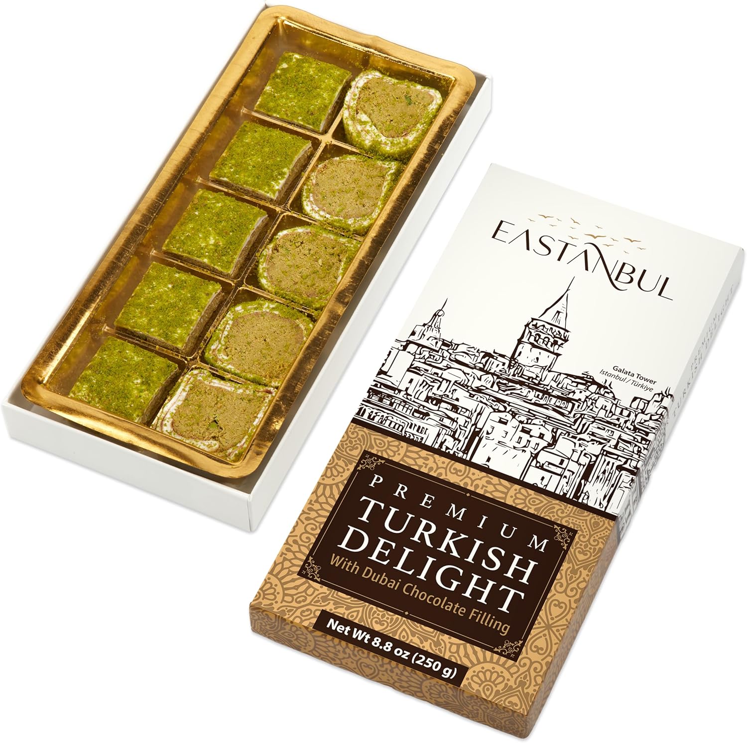 Eastanbul Premium Turkish Delight with Dubai Chocolate Filling, 250gm, Turkish Delights Pistachio, Lokum, Pistachio Candy Gift Box, International Candy, Lokum, Matcha