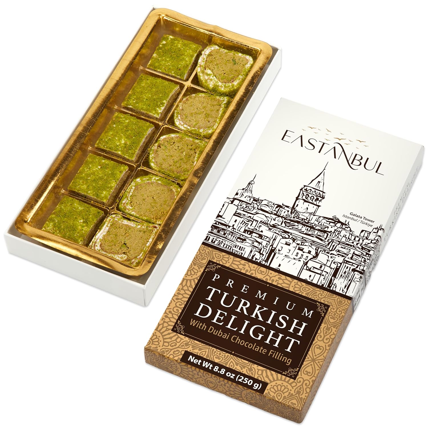 Eastanbul Premium Turkish Delight with Dubai Chocolate Filling, 8.8oz, Turkish Delights Pistachio, Lokum, Pistachio Turkish Delight Candy Gift Box