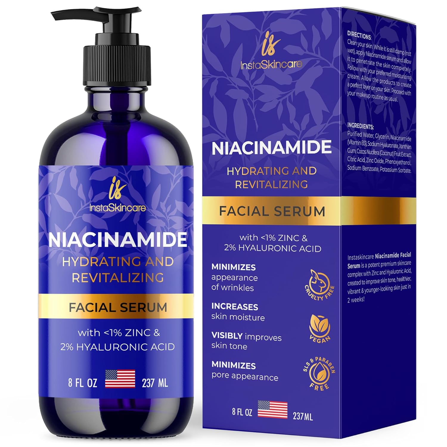 InstaSkincare Niacinamide Serum 8Oz for Face 10% with Zinc 1% Vitamin B3 Brightening Serum for Tone, Texture