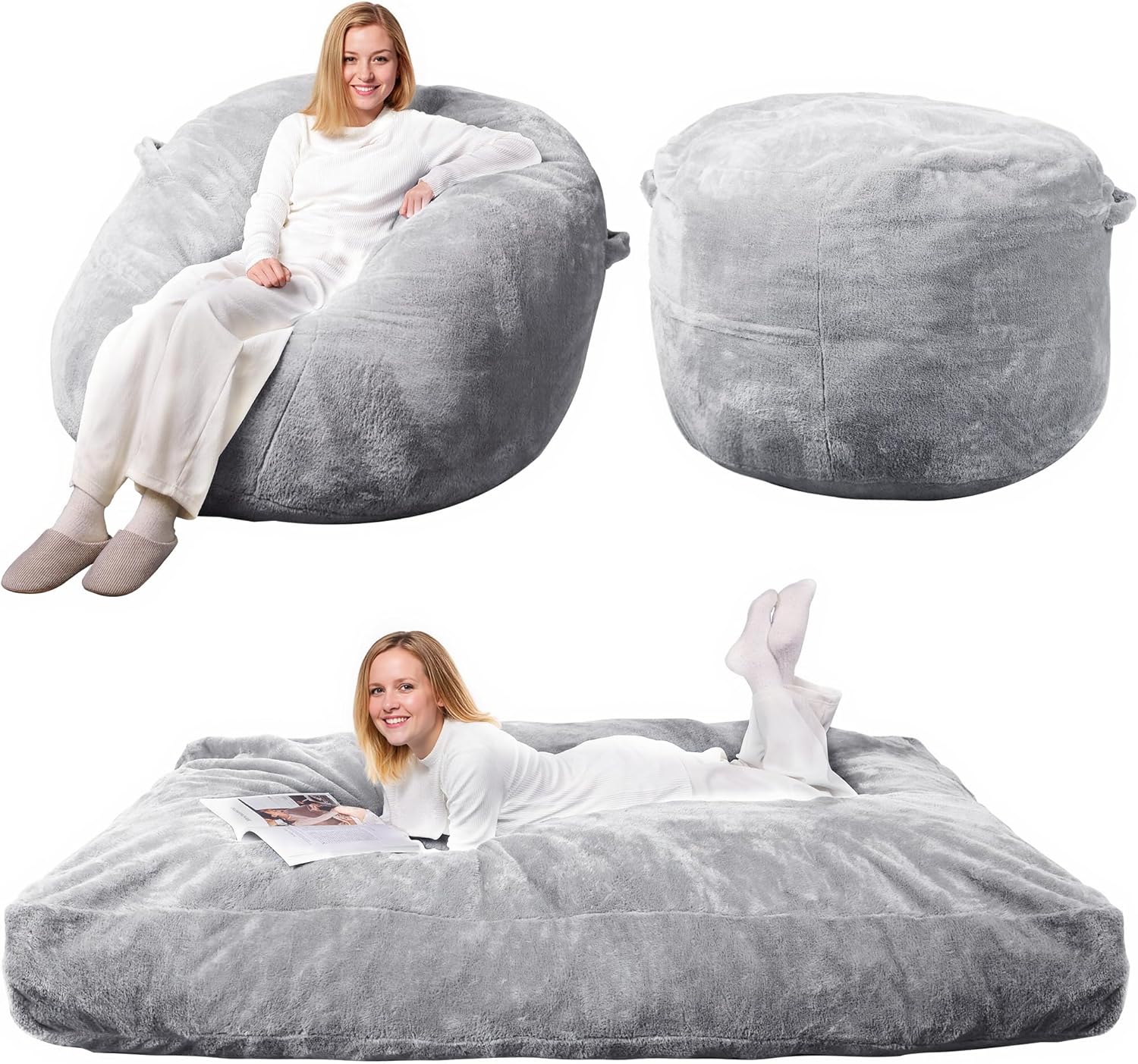 WLIVE 4FT Bean Bag Chair, Bean Bag Bed, Convertible Chair Folds from Bean Bag to Floor Mattress, High-Rebound Memory Foam, Full Size, Grey