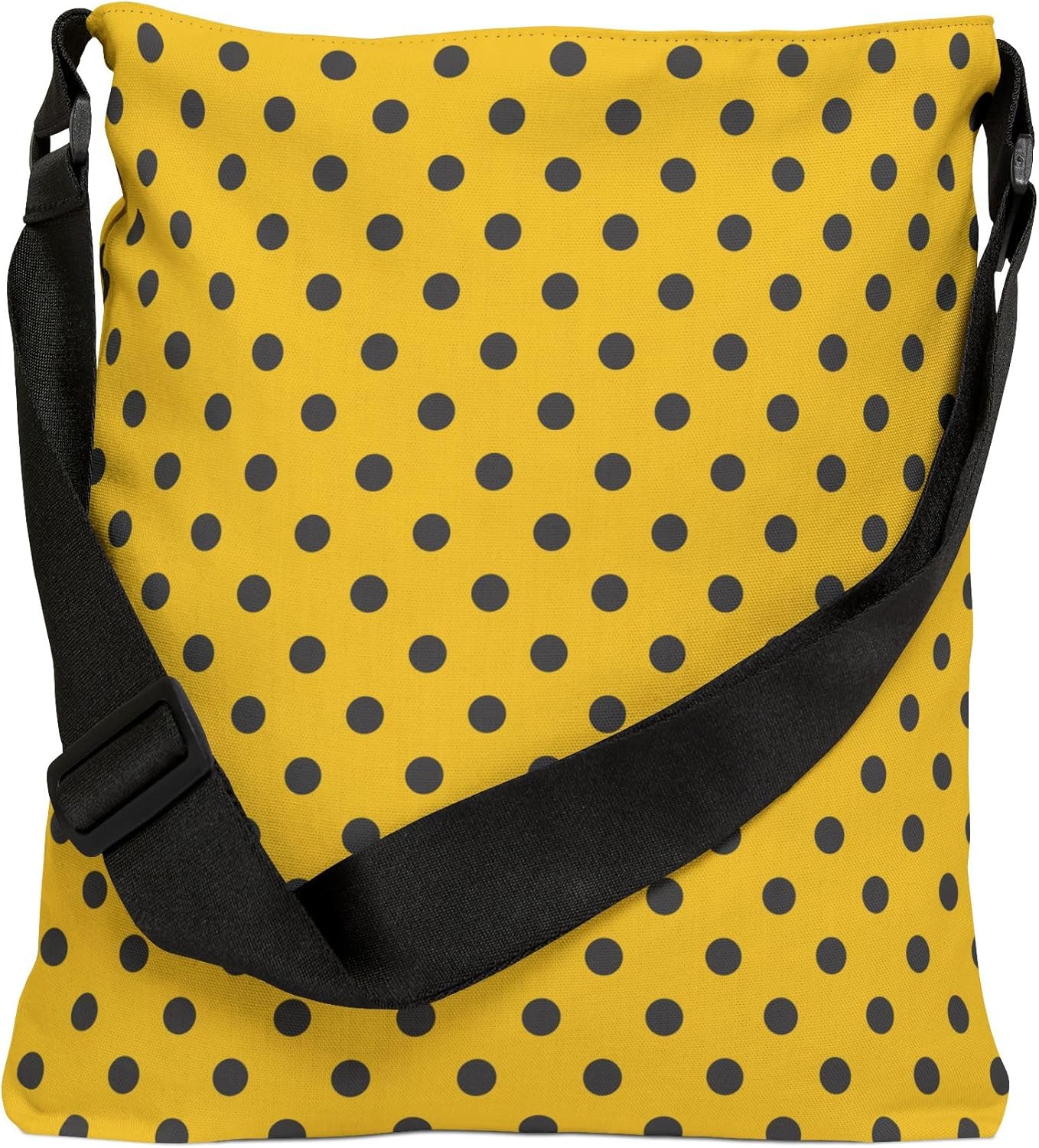 Yellow with Charcoal Polka Dots Adjustable Tote Bag for Women, 16" x 16" Crossbody or Shoulder Bag with Zippered Pocket