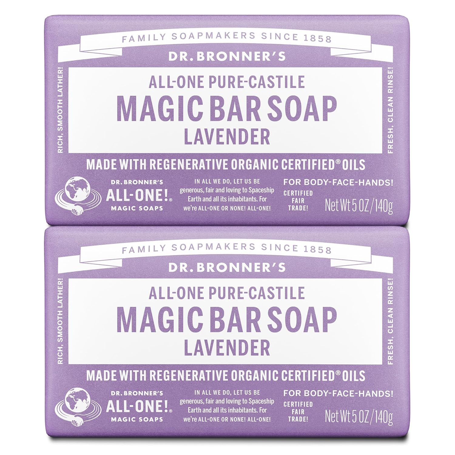 Dr. Bronner's Pure-Castile Magic Bar Soap - Made with Regenerative Organic Certified Oils - For Face, Body, Hair- Gentle on Sensitive Skin - Vegan Soap Bars for Men & Women - Lavender, 2 Pack, 5oz