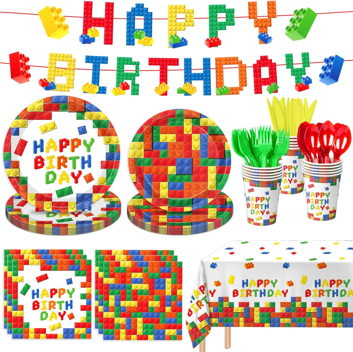 177 Pcs Building Block Birthday Party Supplies, Colorful Plates, Napkins, Cups, Tablecloth, Banner for Boys Kid's Birthday Party Decorations, Serves 25
