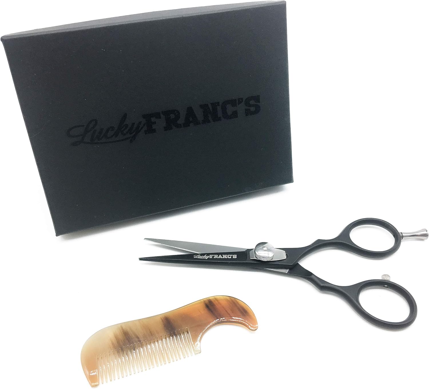 Lucky Franc's Beard Grooming Kit with Japanese Beard Scissors & Ox Horn Handmade Mini Beard Combs for Men. Mustache Trimming Kit with Mustache Hair Scissors and Comb for Men. Handmade Beard Care Kit