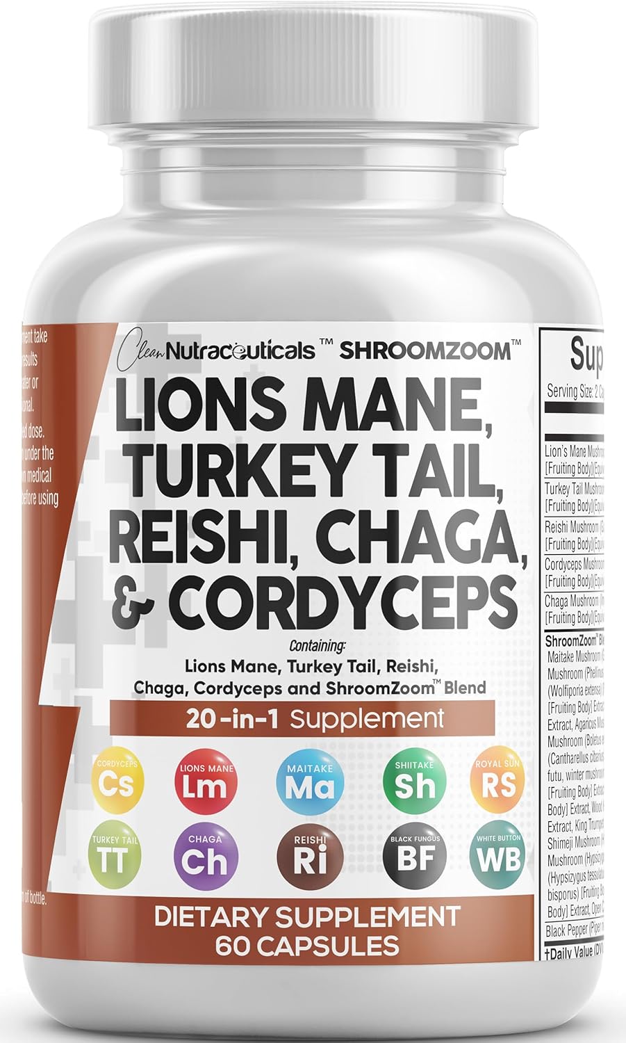 Clean Nutraceuticals Lions Mane 3000mg 20in1 Mushroom Supplement with Turkey Tail 2000mg Reishi 1000mg Cordyceps Chaga 1000mg Maitake Meshima Poria Cocos Shiitake Oyster Porcini Enoki 60 Count