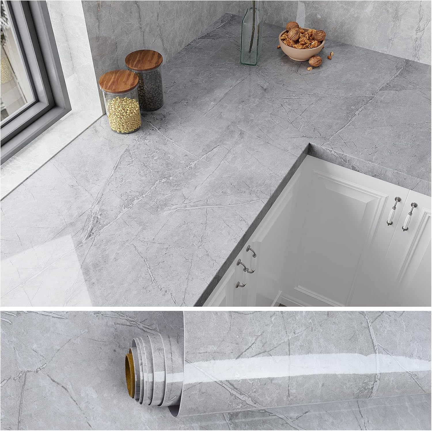 VEELIKE Grey Marble Wallpaper Self Adhesive Wallpaper Marble Vinyl Wrap for Kitchen Worktop Bathroom Countertop Waterproof 40 cm x 300 cm Sticky Back Plastic Thick Lining Paper for Walls Living Room