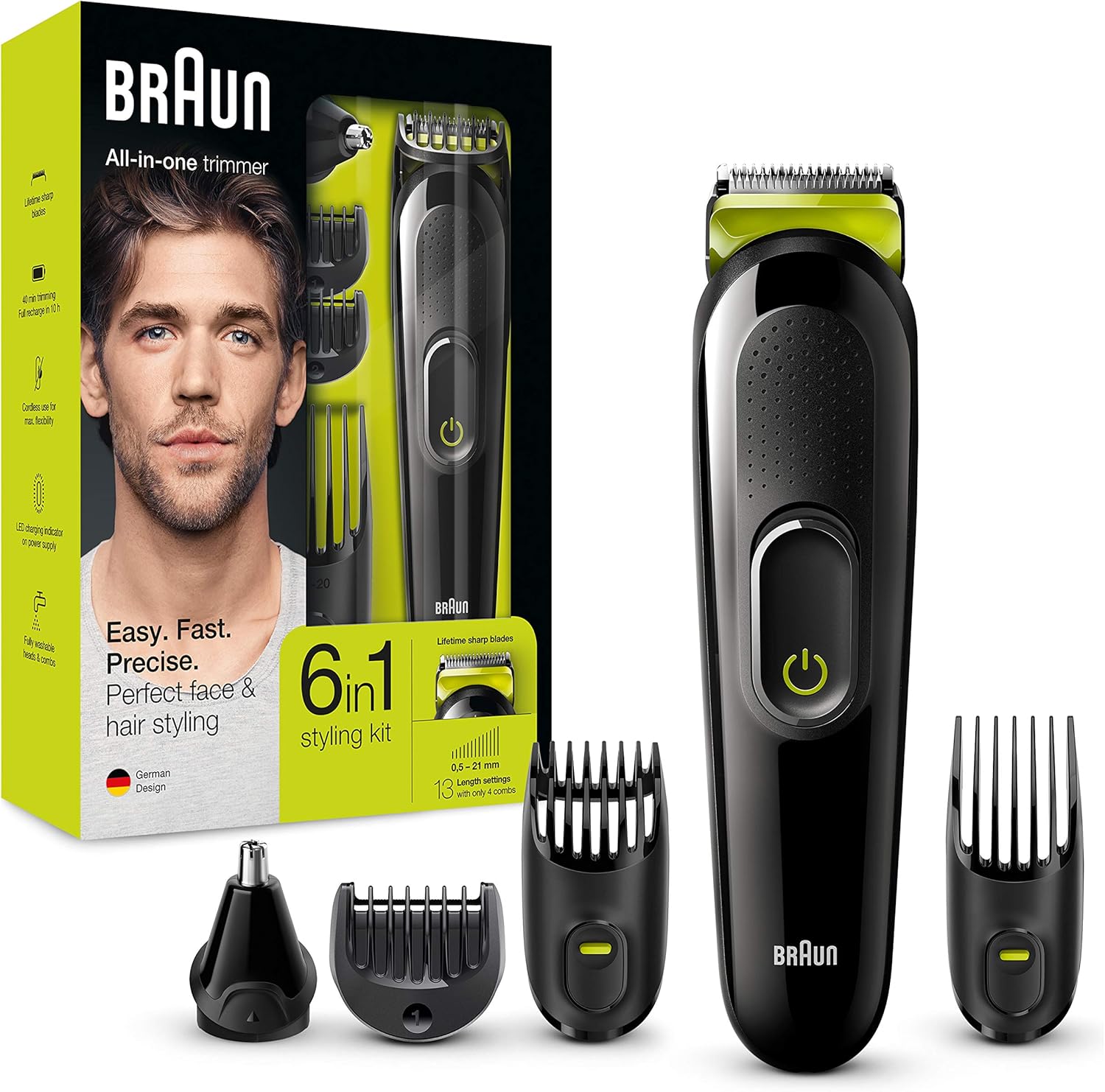 Braun 6-in-1 All-in-One Trimmer MGK3021, Beard Trimmer and Hair Clipper, Black/Volt Gree