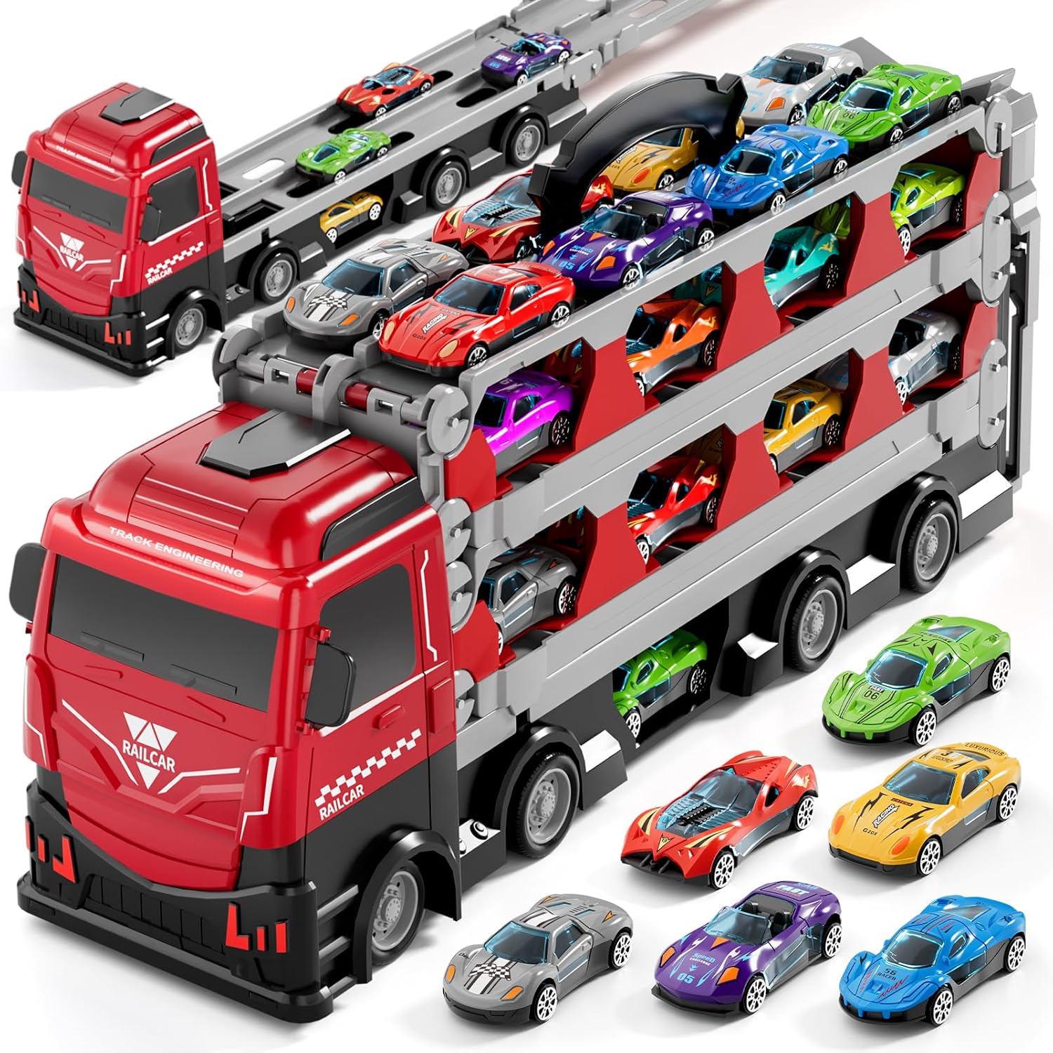 78-Inch Cars Trucks Toys for Toddler 1-3 2-4 3-5 4-7 Years Old Boys Kids, Transport Truck Toys with 24 Pcs Die-Cast Cars, Toys Gifts for 3 4 5 6 Year Old Boys, Toddler Boy Toys Ages 3-5 4-7