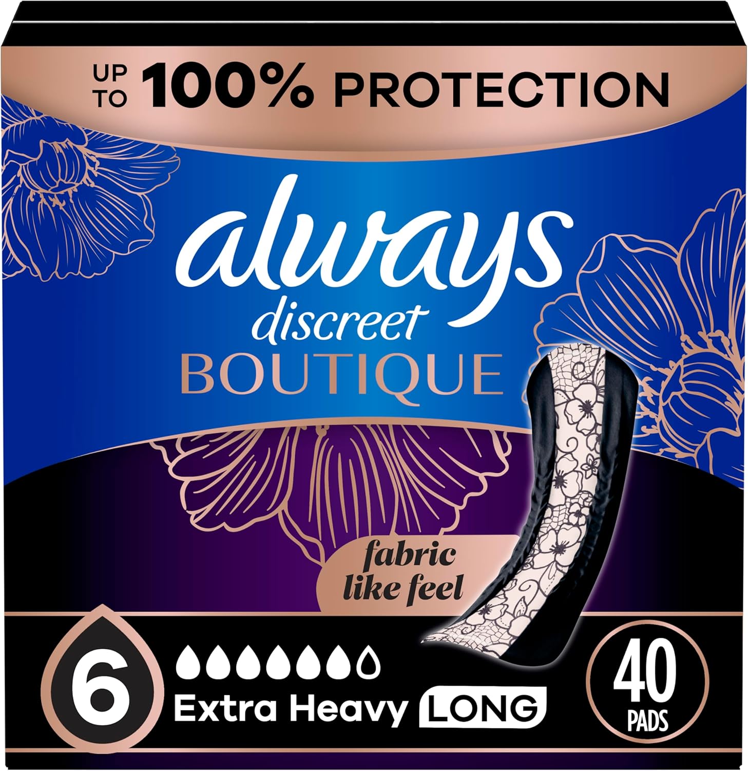 Always Discreet Boutique Incontinence Pads, for Bladder Leaks, Extra Heavy Absorbency, Long Length, 40 Count (2 Packs of 20)