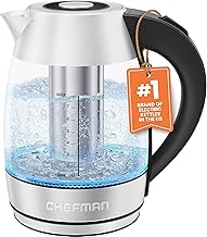 Chefman Electric Kettle for Boiling Water, 1.8L 1500W, Removable Tea Infuser, Auto Shut Off, Boil-Dry Protection, BPA Free, Borosilicate Glass, Hot Water Boiler, Electric Tea Kettle - Stainless Steel