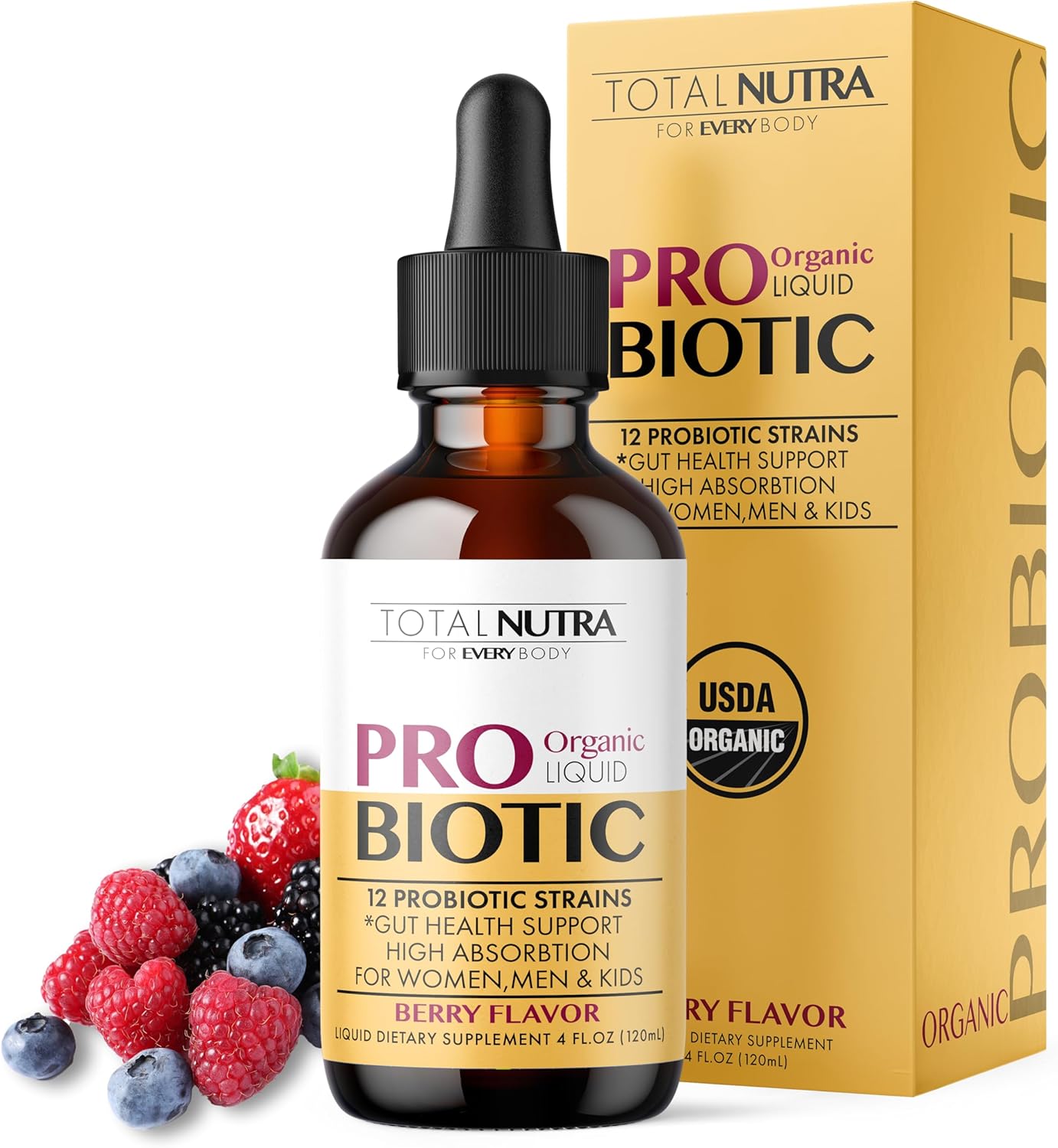 USDA Organic Liquid Probiotic for Kids, Women & Men, Toddler Probiotic Drops with Alfalfa Prebiotic Blend + Acidophilus for Gut Health, Vegan, Non-GMO, Dairy, Gluten & Sugar Free