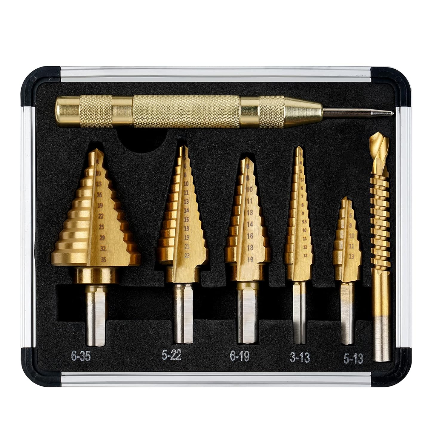 Flintronic Step Drill Bit Set, 5PCS(4-12mm, 3-13mm, 3-19mm, 5-22mm, 8-35mm), 1 Automatic Center Punch + 1 Twist Drill Bit, HSS Titanium Coated Double Slot Cone Cutting Drill with Pouch Case