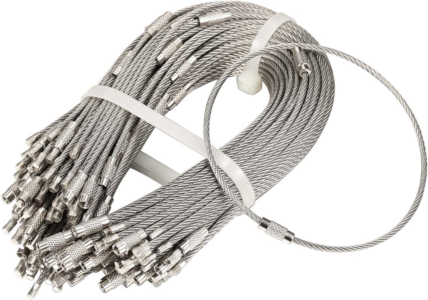 bayite Pack (100) Stainless Steel Wire Keychains Cable, Key Rings, Heavy Duty Luggage Tags Loops Tag Keepers 2mm Twist Barrel (Cable Length: 10 inches)
