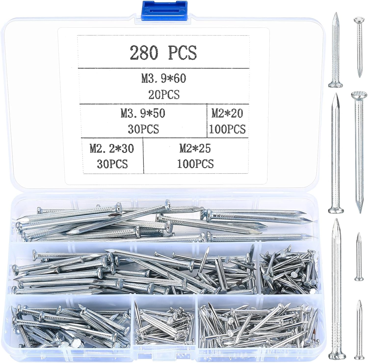 SZJYG 280 Piece Nails Set, Steel Nails for Pictures Nails, Flat Head Picture Nails, Round Head Concrete Nails, Wall Nail Set for Hanging Pictures, Woodworking, for Drywall Pine - 5 Sizes