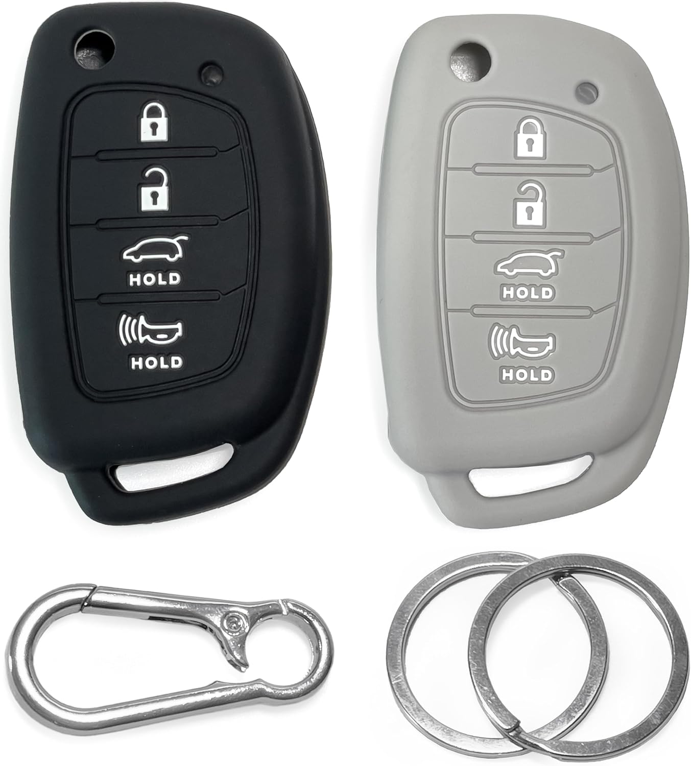 2x Click&Fit Silicone Key fob Cover compatible with Hyundai Tucson 2015-18, Santa Fe 2013-2018, Sonata, Santa Fe Sport 14-19, 4B Flip Key – Anti-slip car remote key case protector, Black&Gray