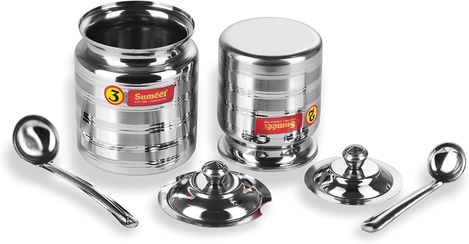 Sumeet Stainless Steel Oil and Ghee Pot Set - No. 2 350ML - 6.5cm Dia - No.3-500ML - 7.5cm Dia