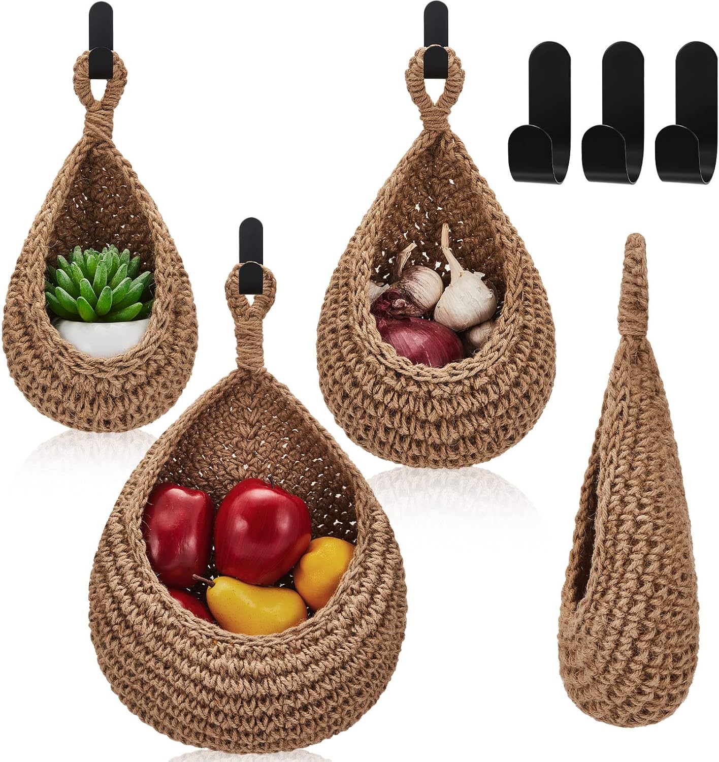 Honeydak Boho Decor Hanging Wall Baskets for Kitchen 3 Pack Teardrop Baskets with Hooks Storage Fruit Onion Vegetable Potato for Home 3 Sizes(Linen,Hemp Rope)
