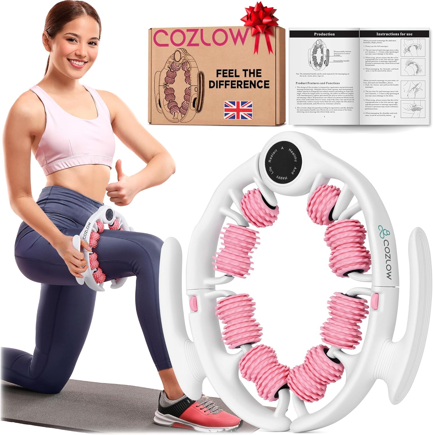 Cellulite Massage Roller - Pink - Anti-Cellulite Massager with Detachable Roller Handles for Thighs, Legs & Buttocks - Fascia Massage Tool for Lymphatic Drainage & Deep Tissue Therapy - by Cozlow