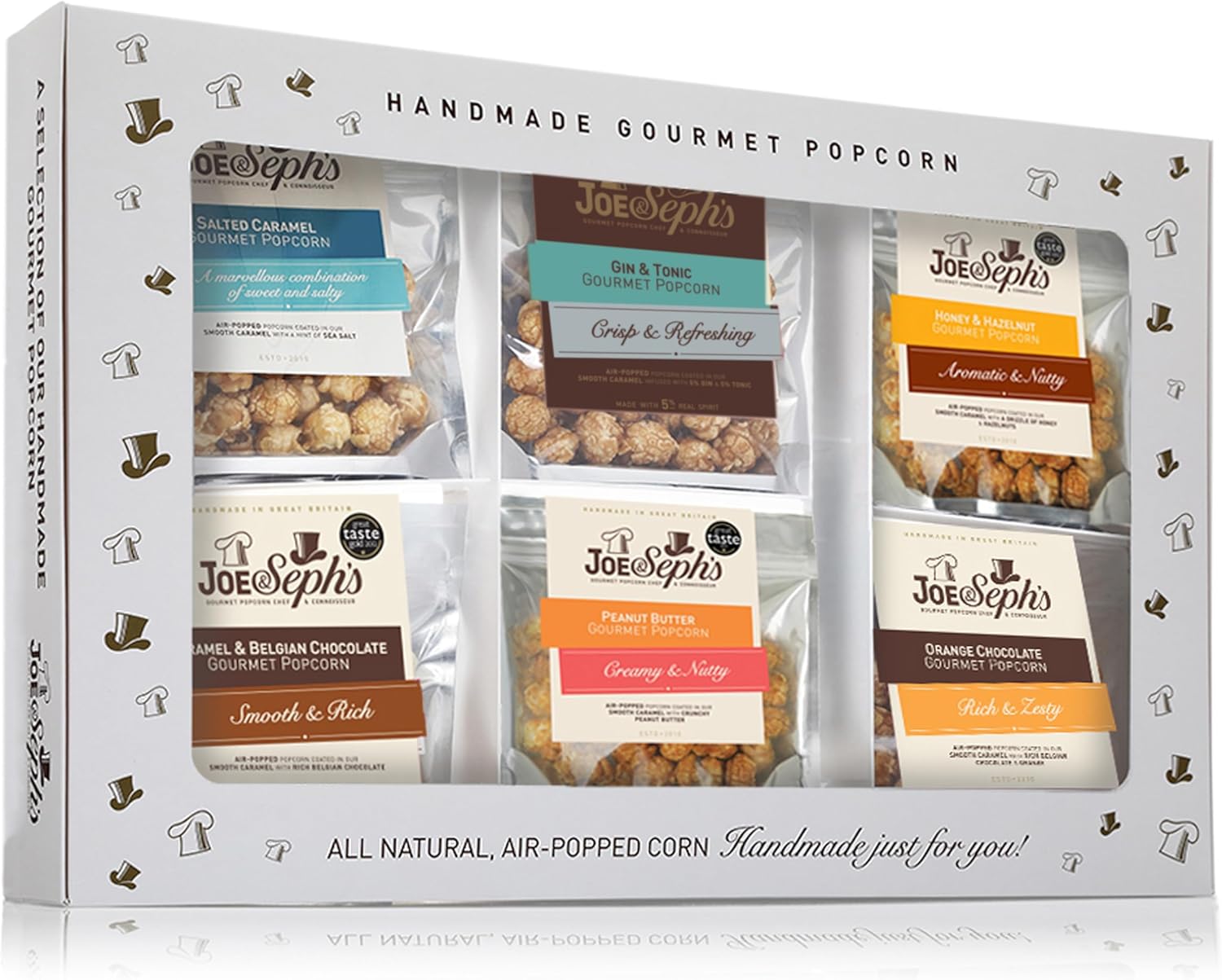 Joe & Seph's Popcorn Tasting Box (6x30g) | gourmet popcorn, air-popped popcorn, 6 flavours, gifts for men and women, selection box, popcorn for a party, movenight snacks
